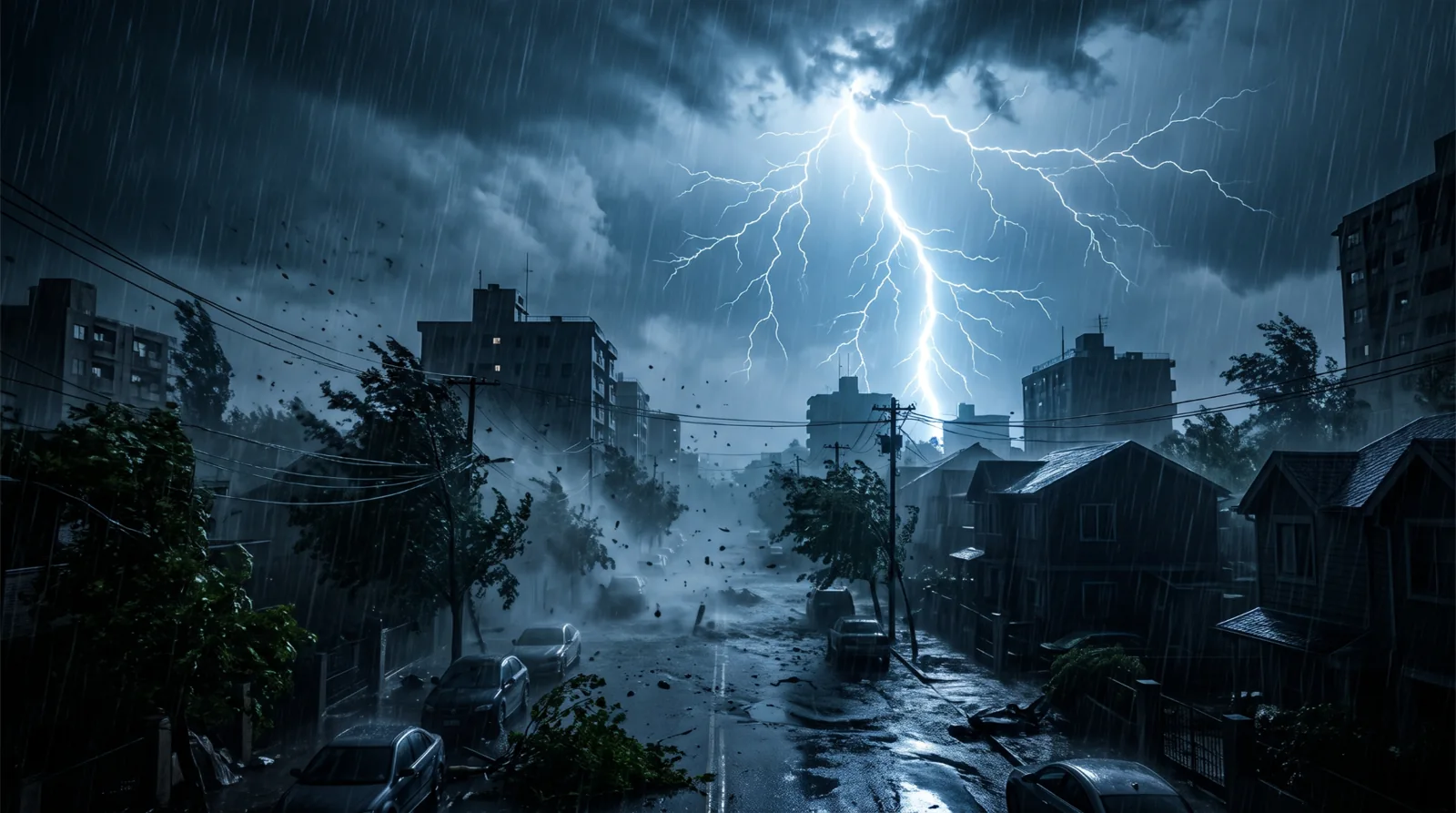 Cyclone Arnab power cut coverage: illustration of a storm over homes and electricity lines