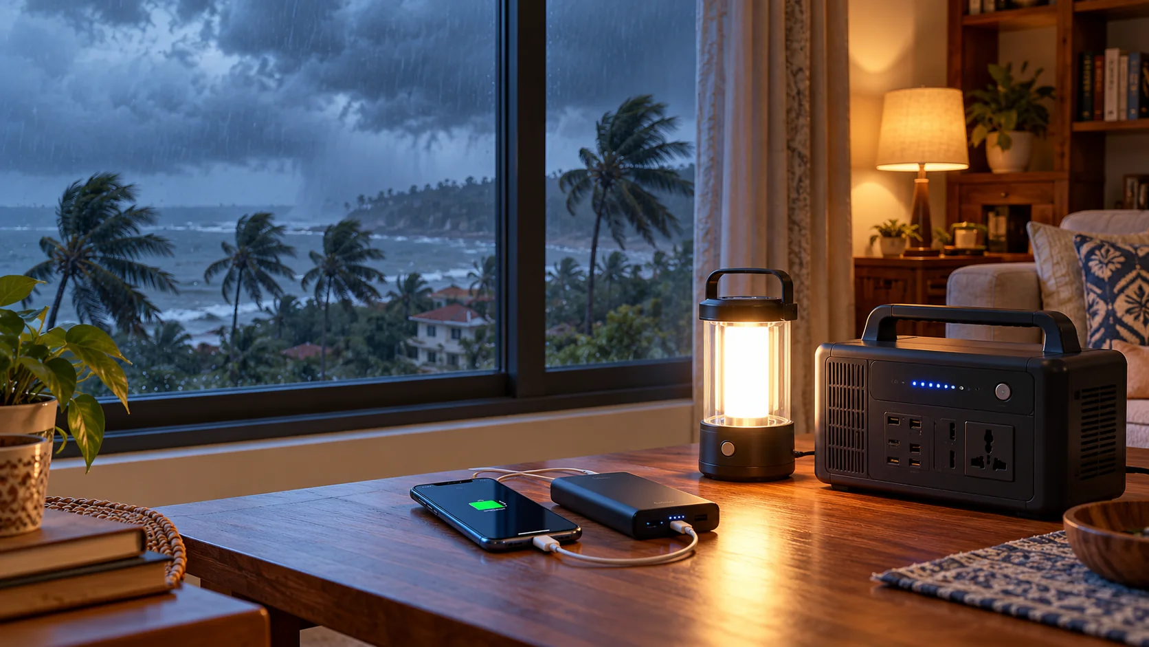 Cyclone power cut preparedness with a charged phone, emergency lamp, power bank and battery backup in a coastal home