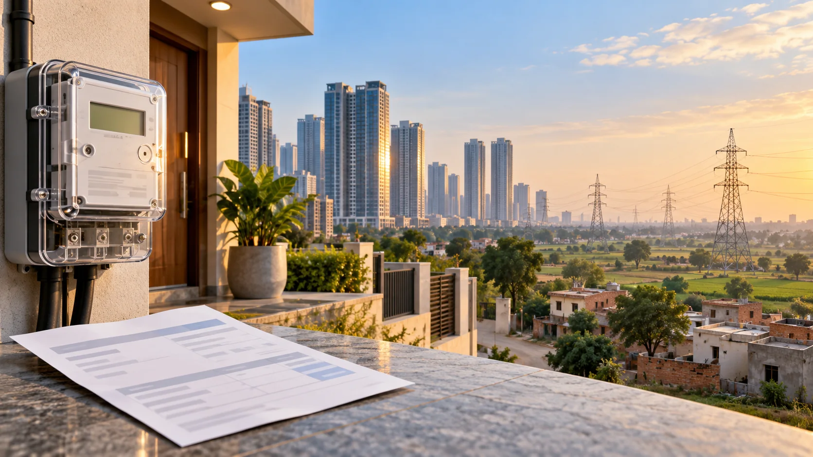 Eleven Power supplier-choice illustration with a household meter and Gurugram skyline
