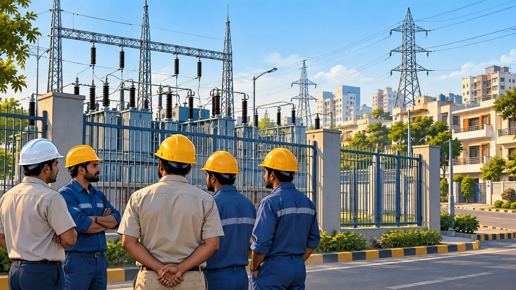 Haryana power strike illustration showing electricity workers outside a substation, with homes in the background